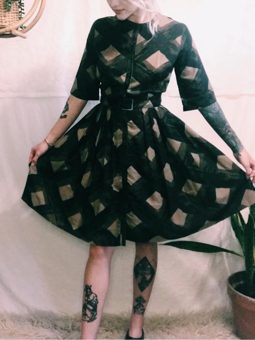 Vintage Black Geometric Print Fit-and-Flare Dress